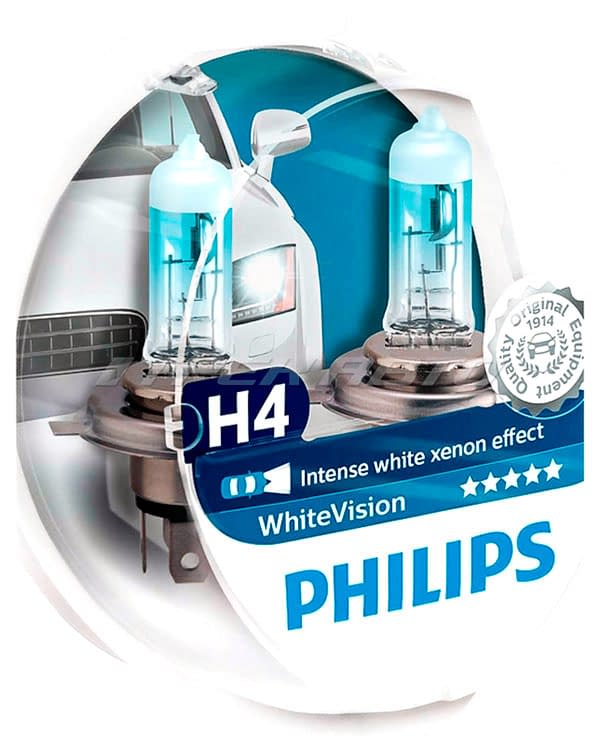 Лампы PHILIPS H4 WhiteVision Xenon Effect +60% 12342WHVSM